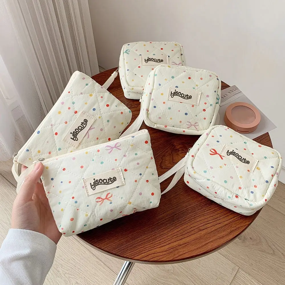 

Portable Bowknot Sanitary Napkins Storage Bag Colorful Dots Large Capacity Cosmetic Bag Earphones Lipstick Pouch for Women Girls