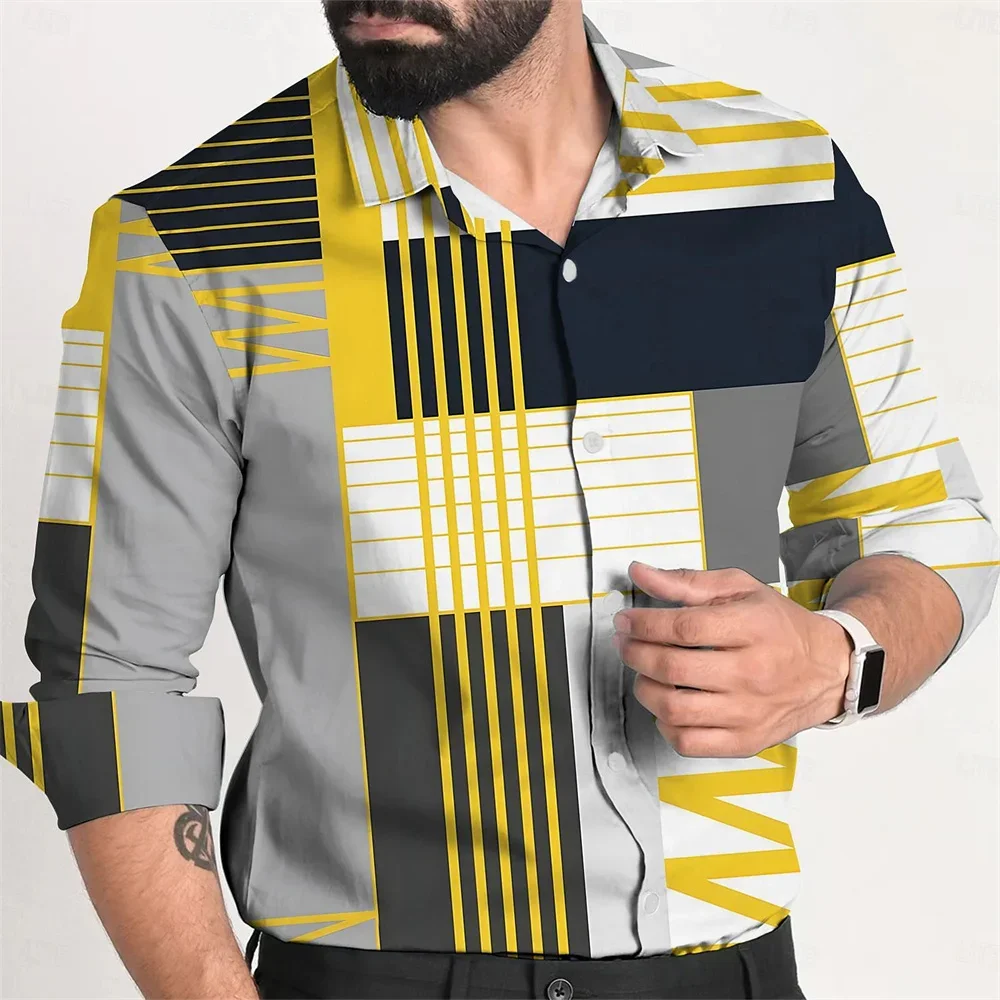 Camisa informal versátil para hombre, camisa de manga larga a cuadros irregulares, solapa de un solo pecho, moda urbana, otoño