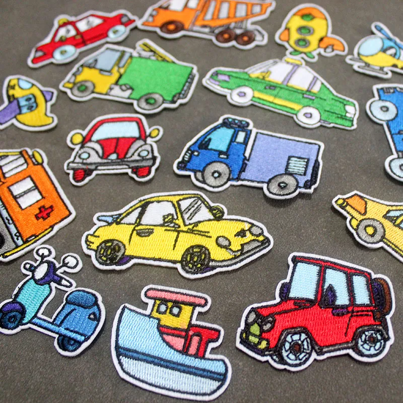 16Pcs/lot Cartoon Cars Patches for Kids Clothes Jackets Cute Iron on Badges Fabric Cheap Embroidered Stickers Sewing Supplies