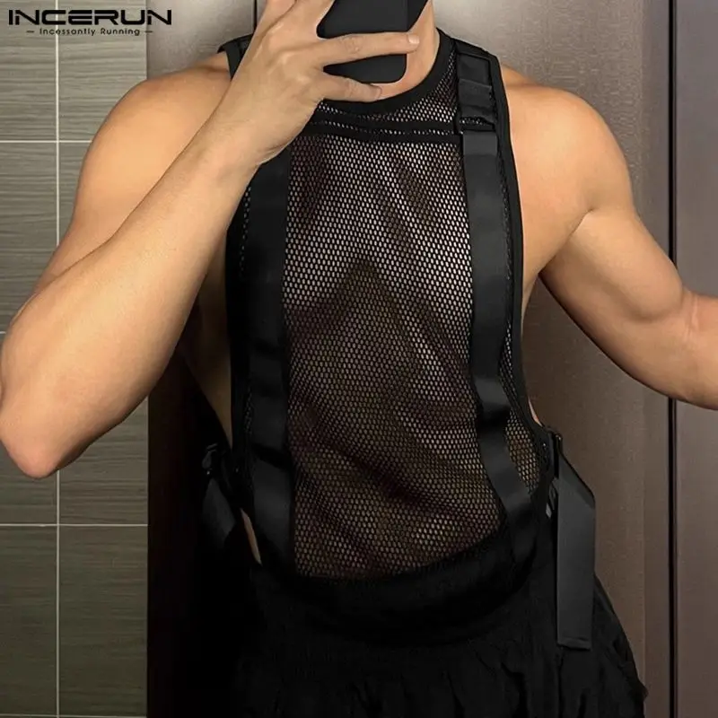 INCERUN męskie podkoszulki siatkowe przezroczyste jednokolorowe O-neck bez rękawów Casual męskie kamizelki Streetwear 2024 moda męska odzież