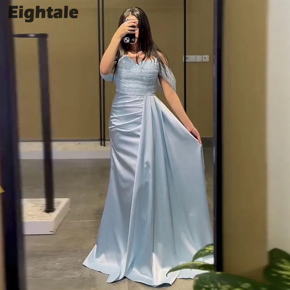 

Eightale Vintage Evening Dresses V-Neck Satin Sequined Baby Blue Mermaid Prom Wedding Party Gown Vestido De Fiesta