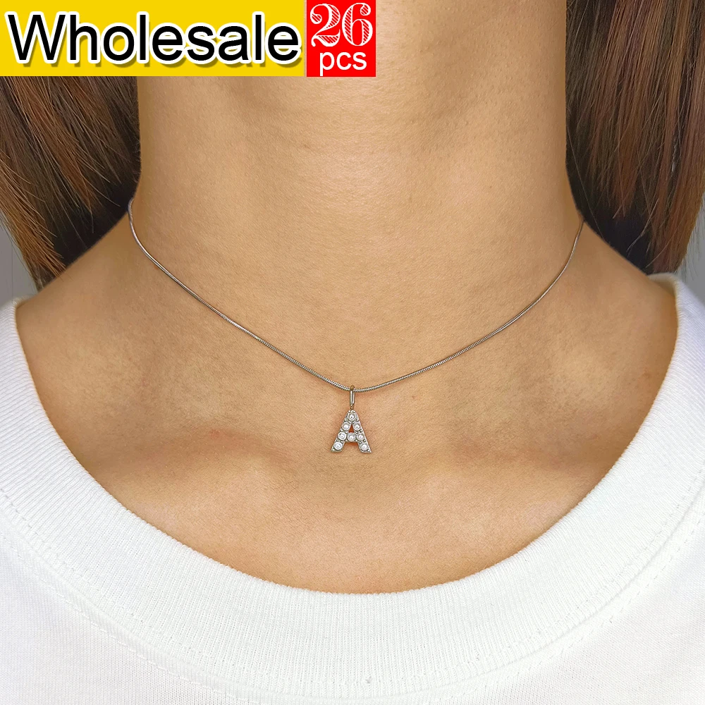 

26PCS Stainless Steel Silver colour Women's Necklace 26 Pearl Initial Pendant Round Snake Bone Chain Versatile Jewelry Wholesale