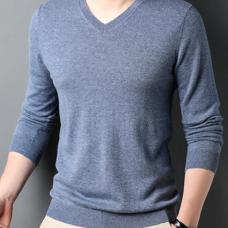 

2023 Autumn Korean Fashion 100% Pure Wool Sweater V-neck Business Casual Cashmere Pullover New Knitted Men's Clothing