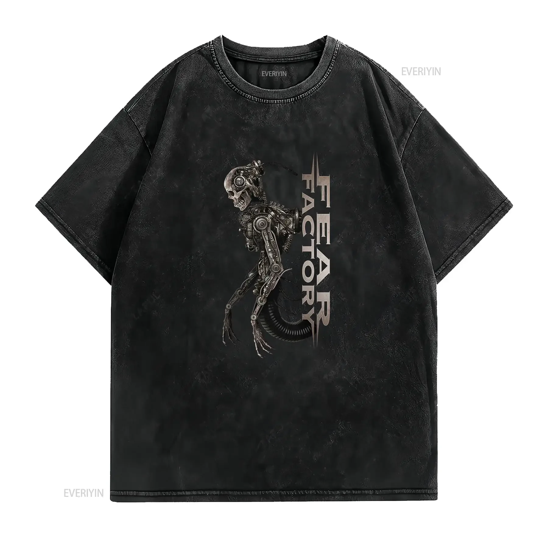 Gothic Industrial Fear Factory Mechanical Skull Print Streetwear T Shirt vintage Washed Casual Soft Comfortable Unisex