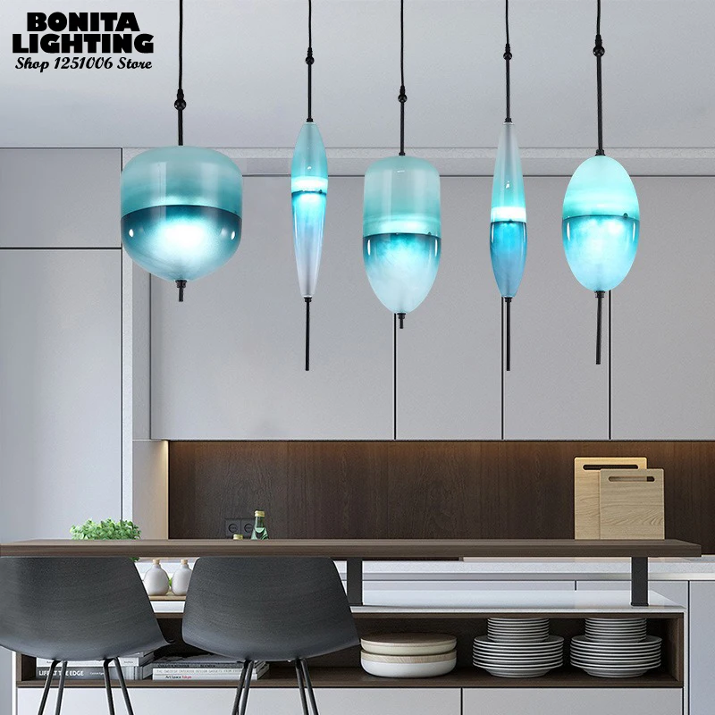 Modern Wire Hanging Chandelier 5 Styles Set, Nordic Blue Gradient Glass LED Pendant Lamp for Cafe Villa Hotel Energy-Saving