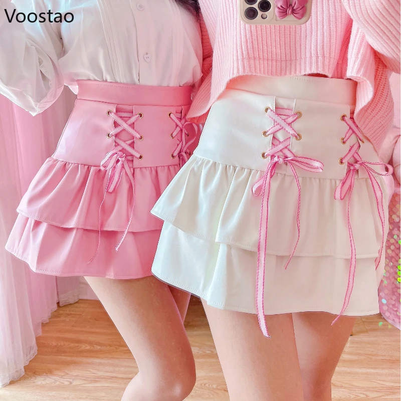 

Japanese Harajuku Y2k Mini Skirt Women Sweet Cute PU Leather Lace-Up High Waist Short Skirts Girls Vintage Casual Punk Skirt