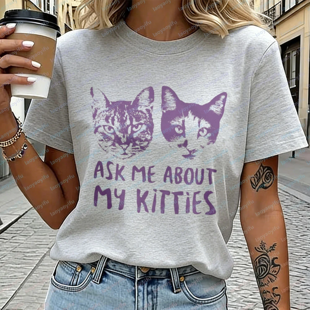 Ask Me about My Kitties Unisex Cotton Shirt Fun Cat Meme Y2K Retro Kitten Kawaii Clothes for Women Men Vintage Trend Streetwear