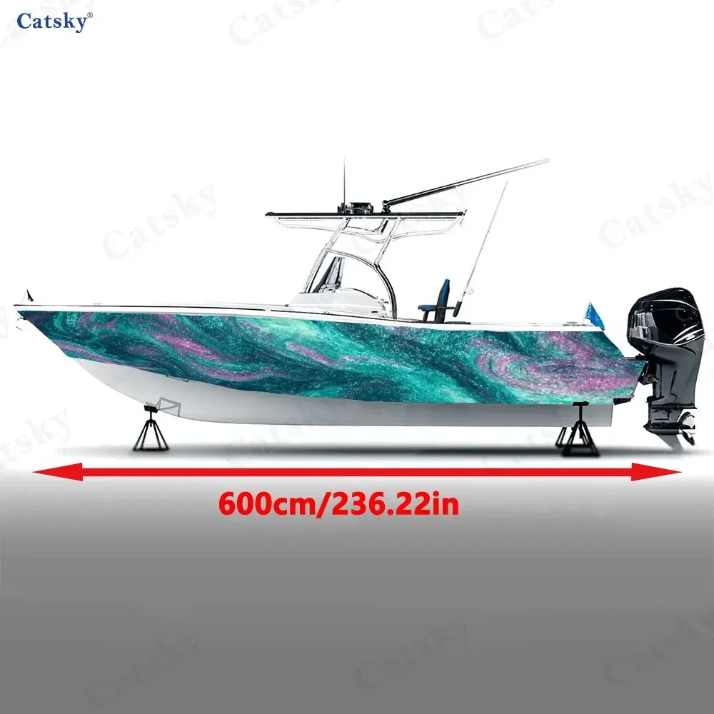 2Pcs Boat Vinyl Graphic Sticker, Iridescent Fluid Turquoise Purple Pattern, Vibrant Waterproof Material, Suitable for Boat