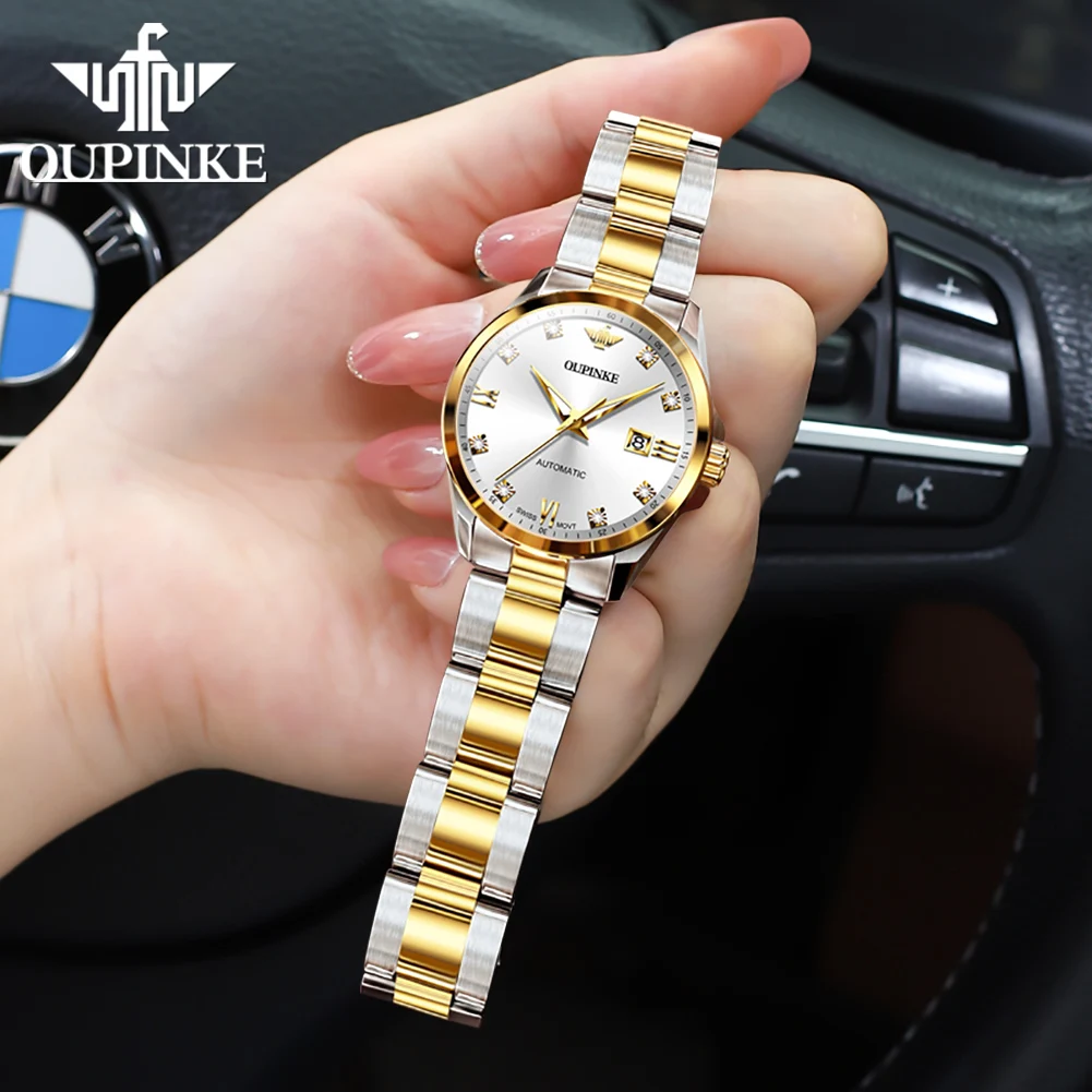 OUPINKE 3199 Real Diamond Swiss Movement Women Automatic Mechanical Watch High end Sapphire Mirror Luxury Women Dress Watch Set