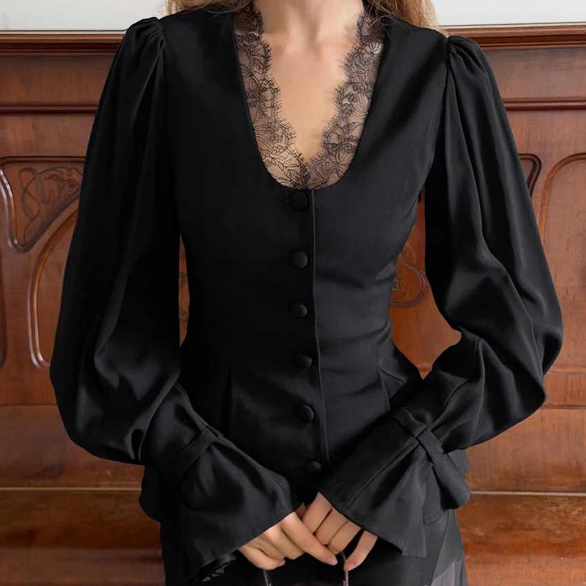 Black Fashionable Woven Inelastic Blouse V Neck Lace Trim Spliced  Shirt Long Sleeve Button Front Peplum Hem Flare Cuffs Tops