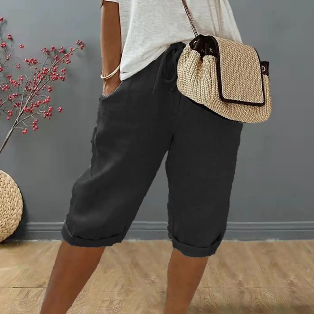 Pantalones de cintura elástica para mujer, pantalón de estilo Vintage, transpirable, hasta la rodilla, con bolsillos, con cordón de cintura elástica