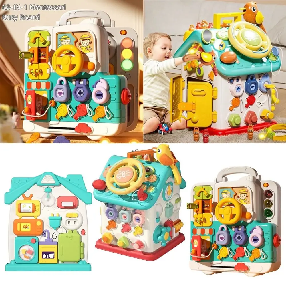 Nieuw 63-IN-1 Montessori Busy Board Algemene kennispuzzel Vroeg onderwijs Zintuiglijke ontwikkeling Stuurwiel voor