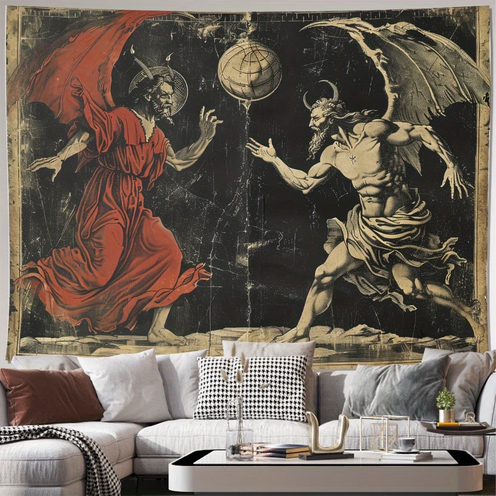 Dual Demon Battle Tapestry, Vibrant Polyester Wall Hanging with Easy Installation. Ideal for Living Room, Bedroom, Office, Hallo