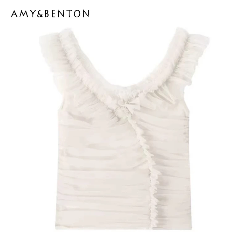 

Irregular Lace Cute Small Flying Sleeves Women's Vests 2026 Summer New Sweet Cool Pleated Off-the-shoulder Mesh Sling Ladies