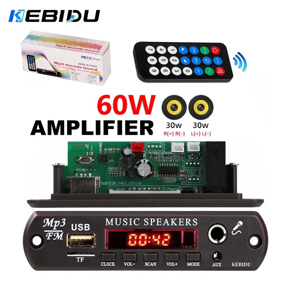 KEBIDU 60W Verstärker Bluetooth 5.3 MP3 Decoder Board 6,5MM Mikrofonanschluss DC 12V MP3-Player HiFi-Audioplayer FM-Radio für Autolautsprecher