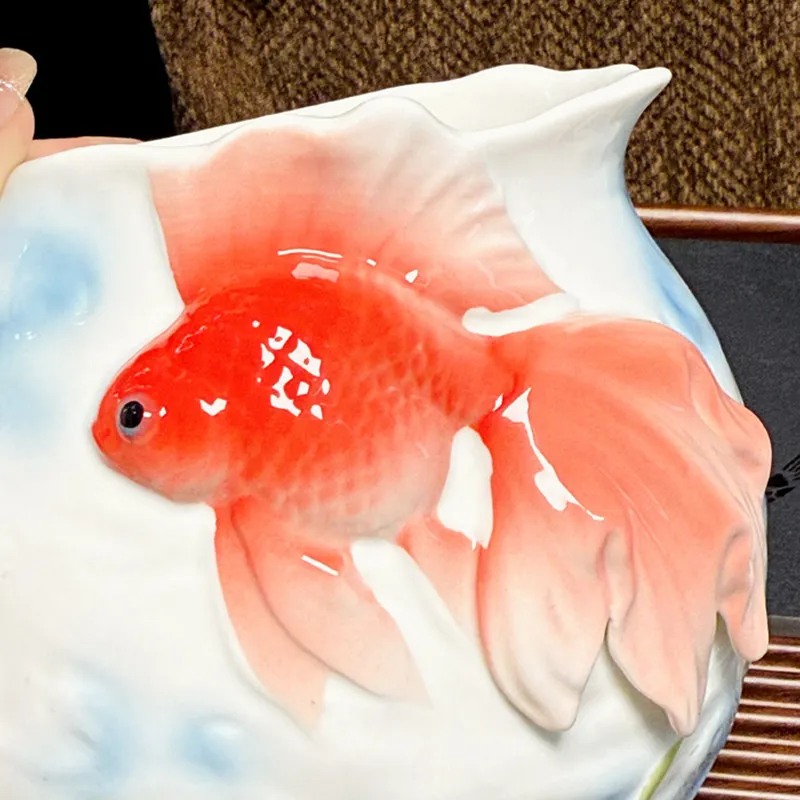 For Goldfish Ceramic Tea Jar with Lid, Chinese Porcelain Candy Canister for Home