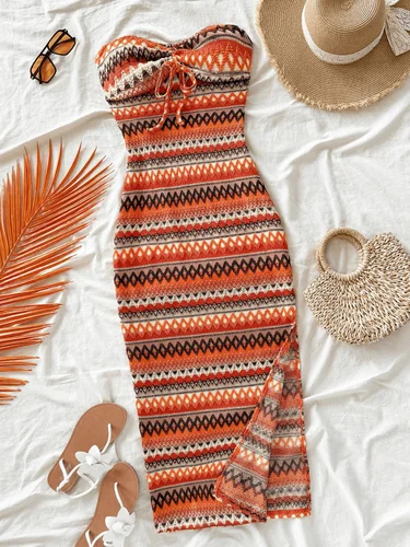 Vestido ajustado informal y sexy con lazo en el pecho para mujer, diseño con abertura a rayas para una comodidad elegante