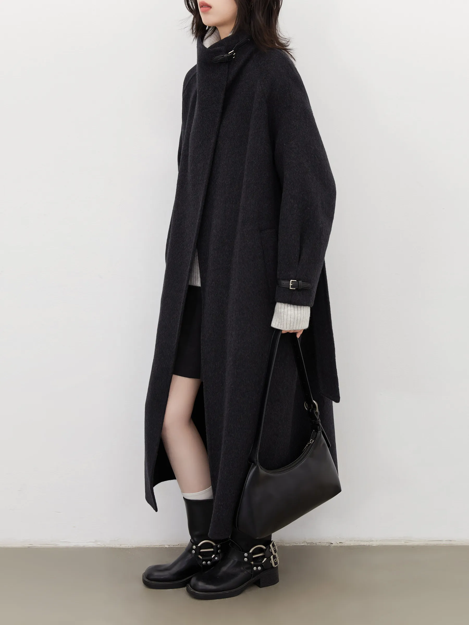 CHIC VEN New Women Long Woolen Coats Loose Casual Stand Up Collar Double Sided Female Overcoat Belt Autumn Winter 2026 Outerwear