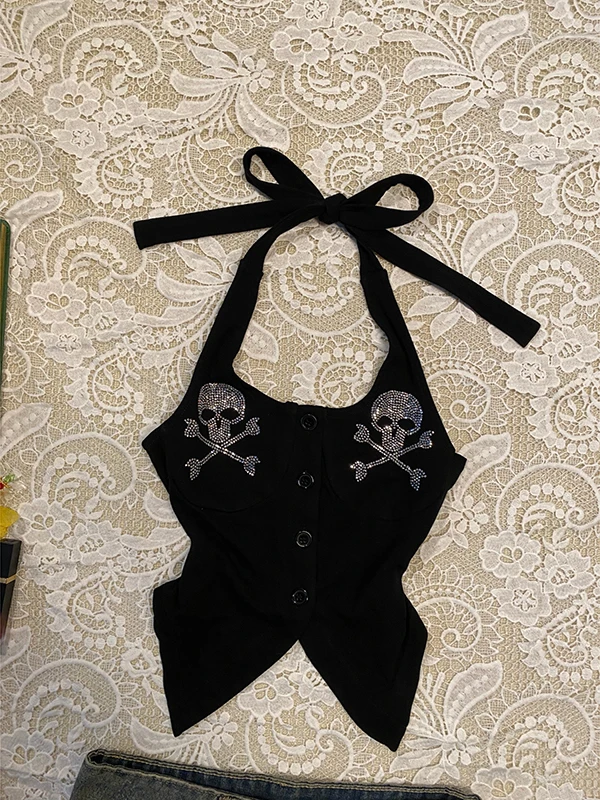 التصميم الأصلي الجمجمة نمط حجر الراين بالتفصيل Bla حزام أعلى المرأة خمر Sle الصيف القطن مزيج تانك الأعلى