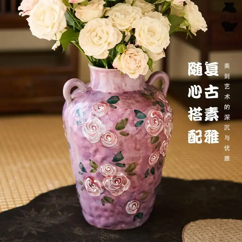 Hand-painted Rose Ceramic Vase Chinese Style Underglaze Color Living Room TV Cabinet Water-nurtured Fresh Flowers Dried Flower V