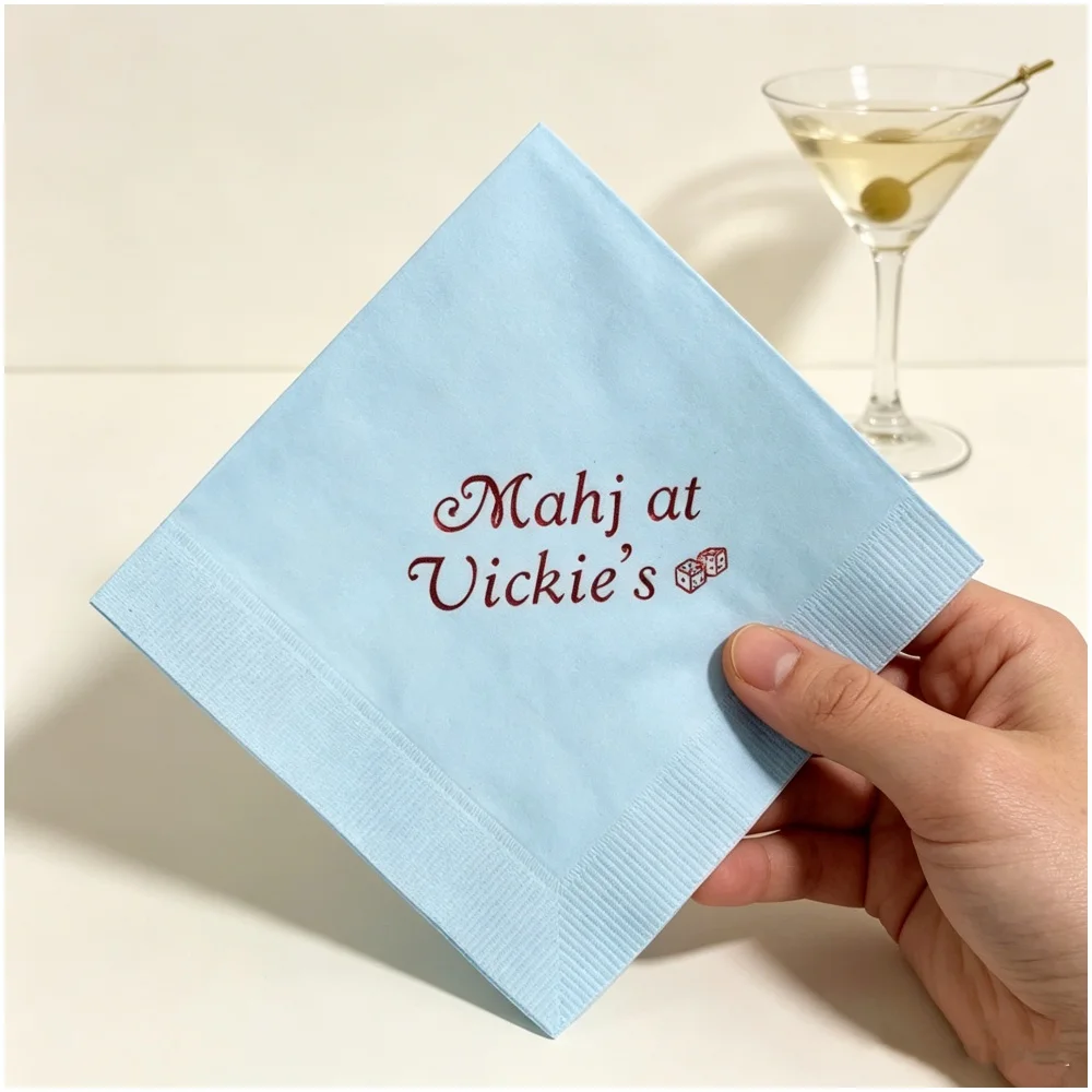 

50pcs Personalized Mahjong Game Night Cocktail Napkins, Custom Name Mahj at [Name] Red Foil White Napkins, Mahjong Party Game Ni