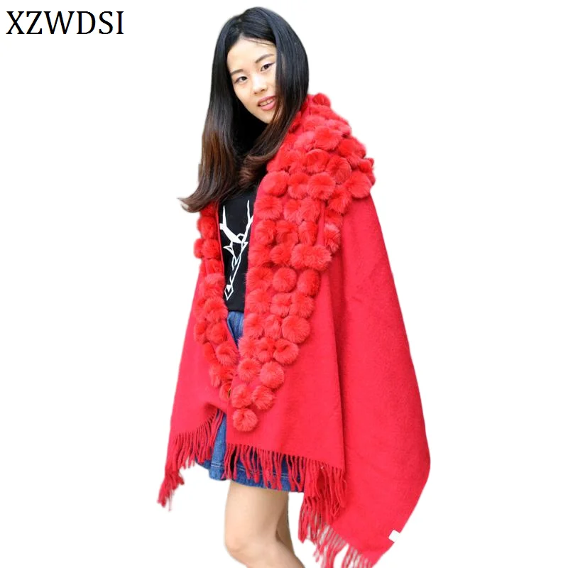 

Luxury Women's Rabbit Fur Pom Pom Cape Winter Coat Fashion Outerwear Warm Wool Shawl Fashionable Winter Accessories