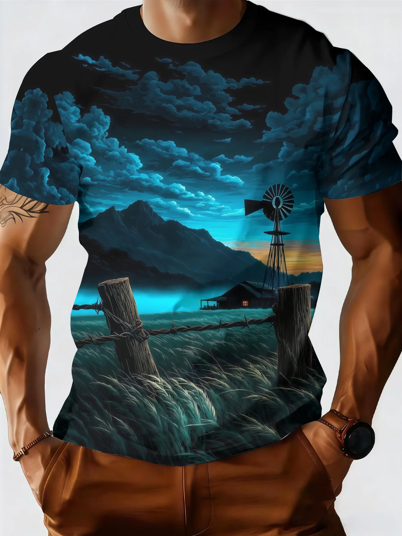 Men's Western Rural Windmill Mountain Night Scenery Print T-Shirt Crew Neck Short Sleeve Countryside Casual Graphic Tee Tops