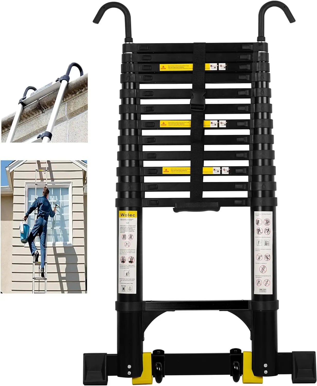 Telescoping Ladder 12.5FT with 2 Detachable Hooks, Portable Wheels Non-Slip Balance Bar