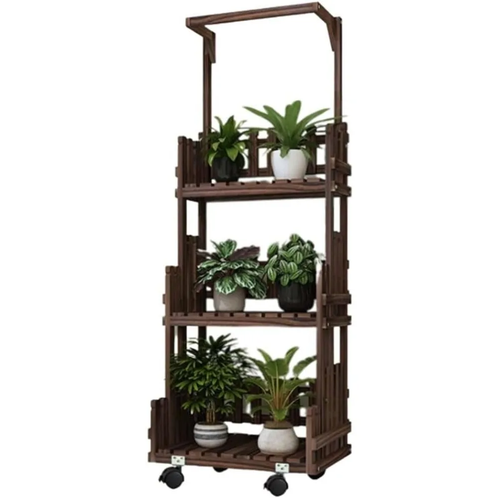 

Rustic Plant Stand with Wheels, Solid Rolling Plant Shelf, Indoor/Outdoor Ladder Rack