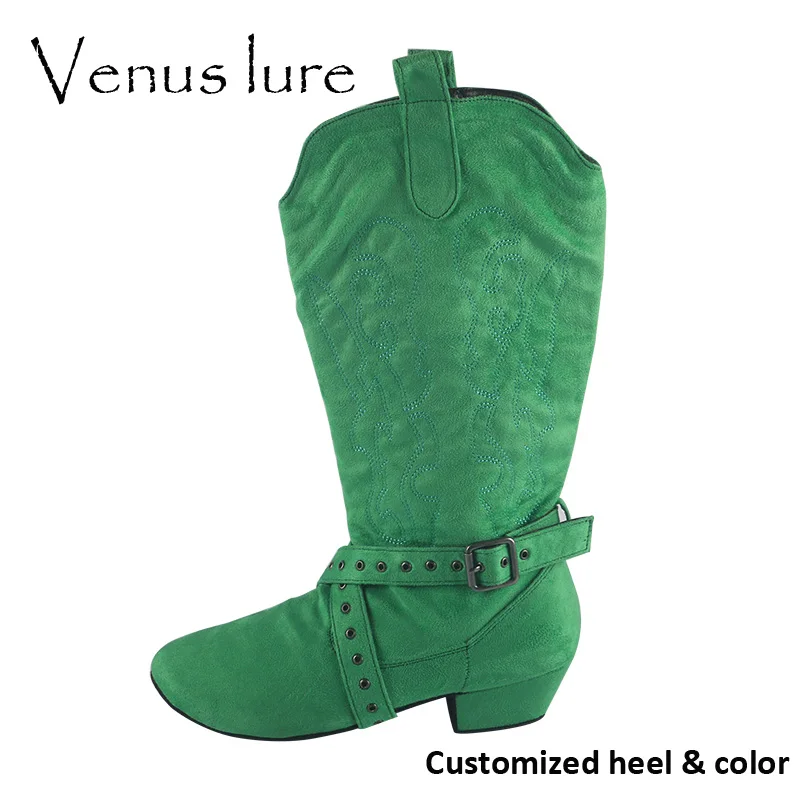 Venus Lure-verde falso camurça botas de dança para o bebê, salto personalizado, sola macia, meio da panturrilha, linha, 4cm