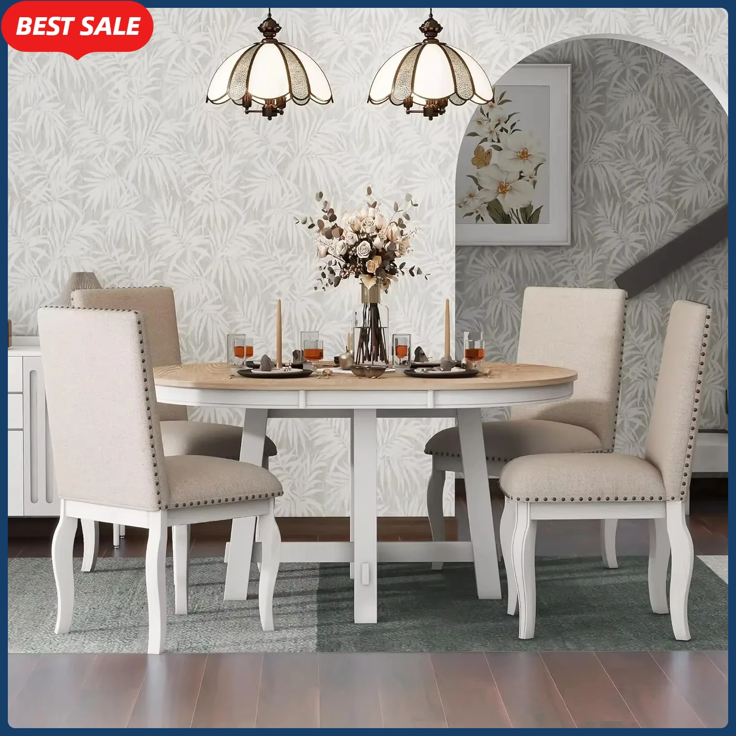 5-Piece Farmhouse Dining Table Set Wood Round Extendable Dining Table and 4 Upholstered Dining Chairs dinning table