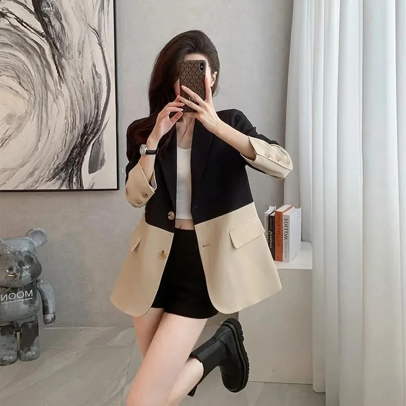 2024 Stitching Plaid Suit Jacket Women Spring Autumn Coat Outwear New Tops Fashion Loose Blazer Vintage Brown Jackets Female