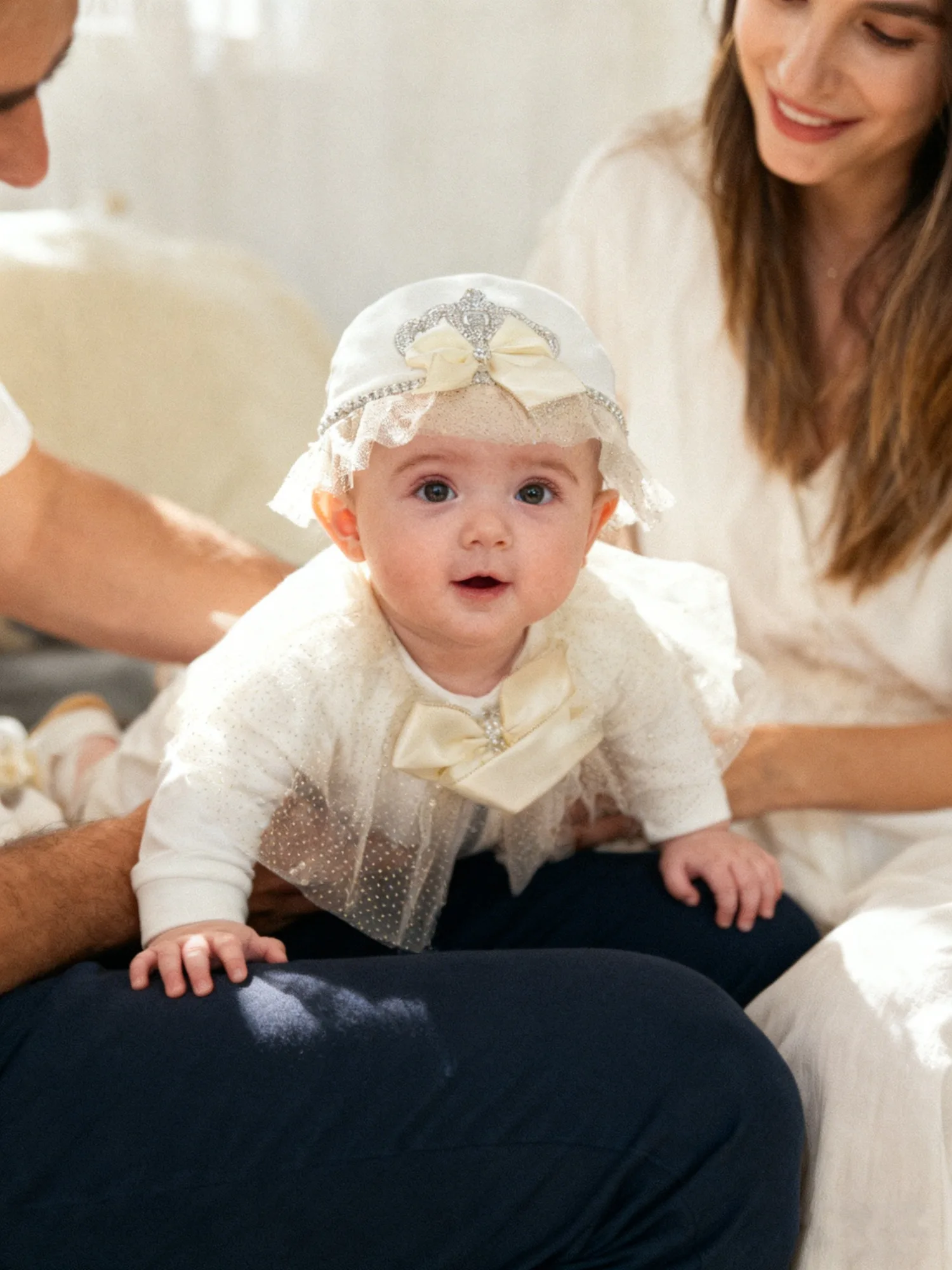 Baby Girl Cream Tulle Crown Set - Romper + Hat + Shoes + Mittens | Formal Gift