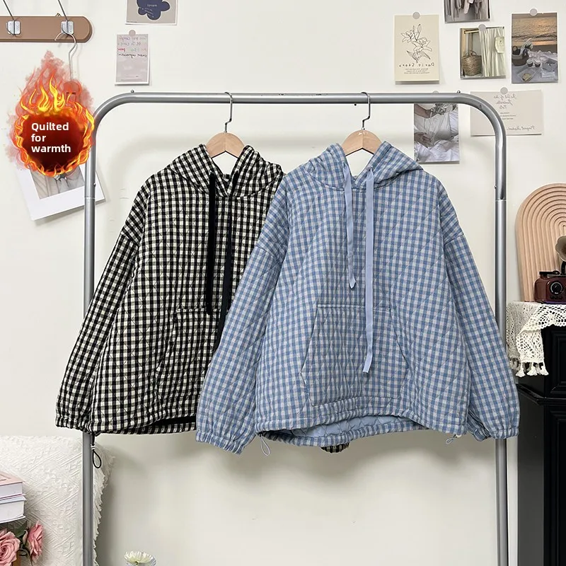 

Японское художественное клетчатое хлопковое теплое пальто с капюшоном большого размера, женское зимнее модное теплое пальто с завязками