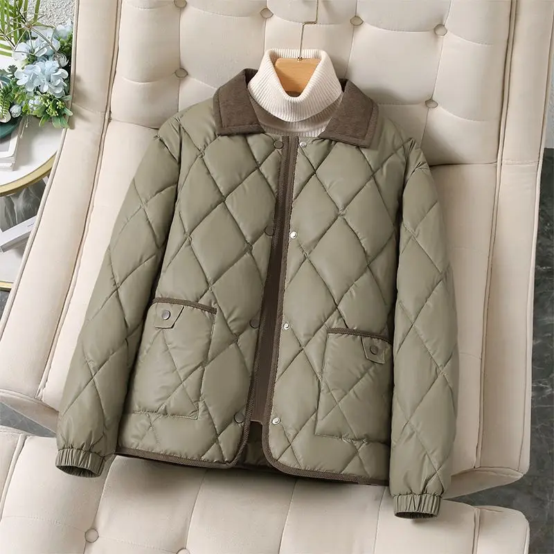

Designer Inspired Short Puffer, Lapel Collar Diamond Quilted Jacket, Chic Winter Coat