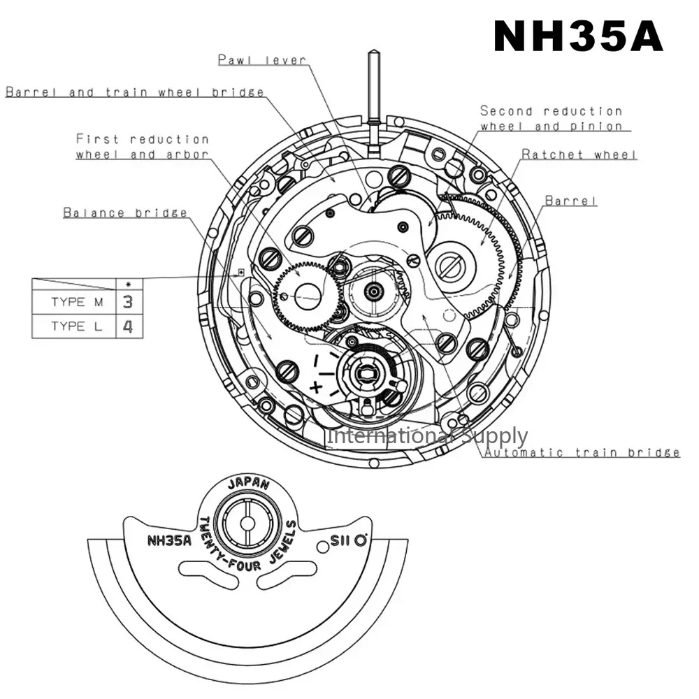 Japan Seiko NH35A Mechanical Movement NH35 White Datewheel 24 Jewels Automatic Self-winding High Accuracy Winding Stem Set Watch