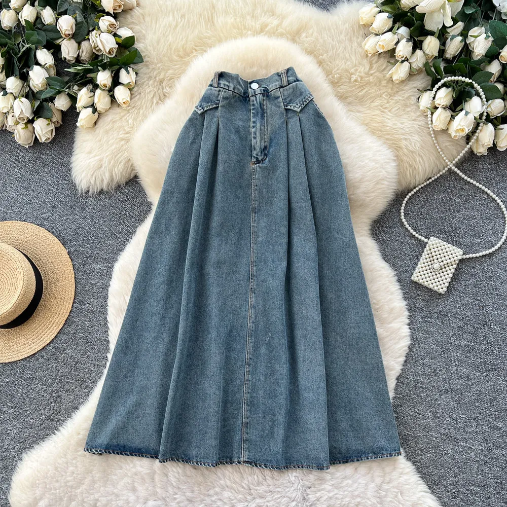 Vintage High Waist Denim Skirts for Women Korean Style Fashion Solid A-Line Long Skirt 2026 New Summer Simple Versatile Skirts