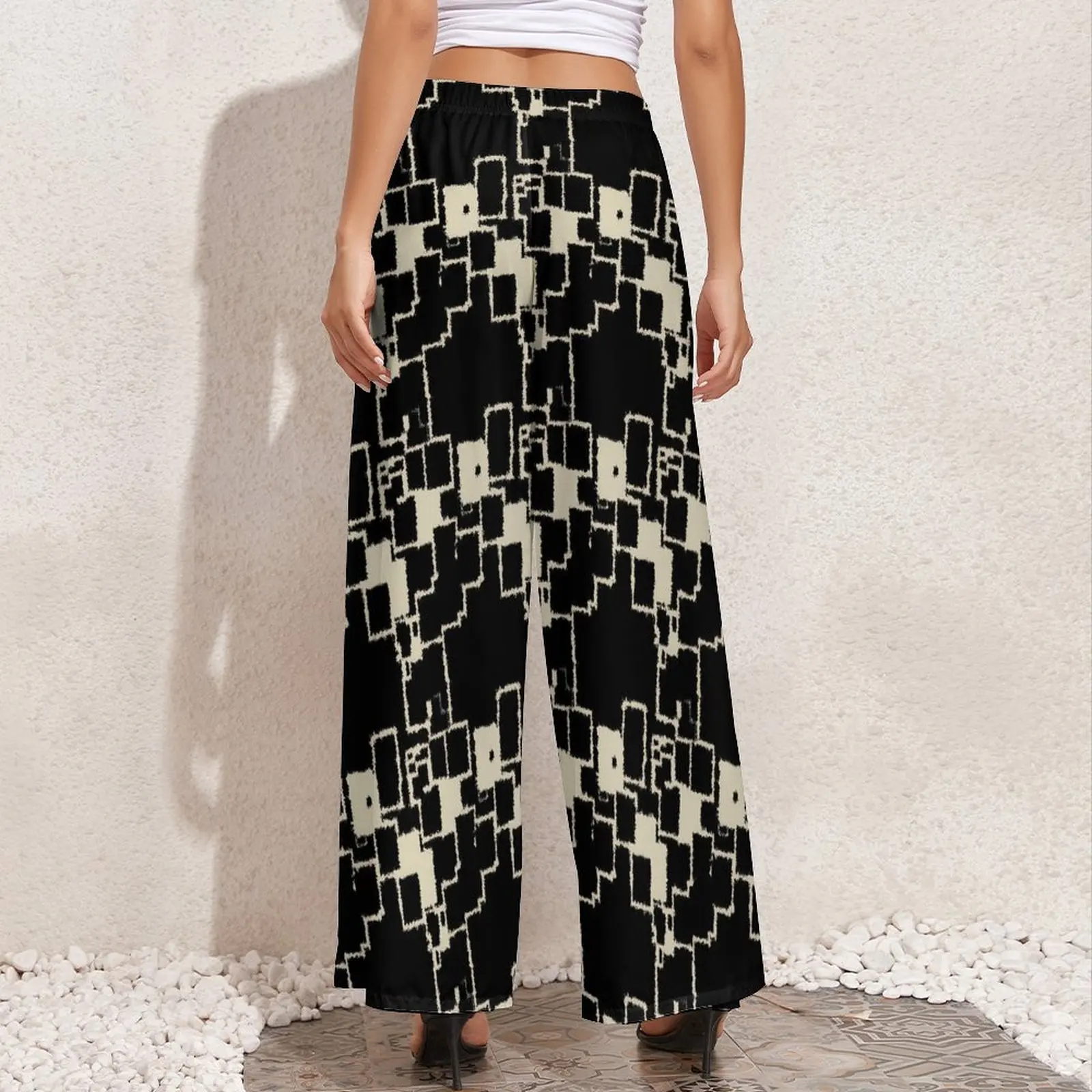 Vintage Wide Geometric Calças para Mulheres, Patchwork Print, Custom Straight Calças, Tamanho Grande, Streetwear Escritório