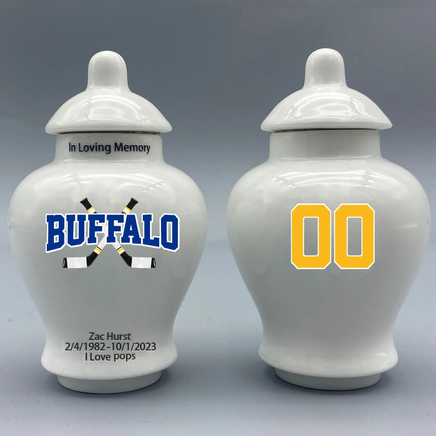 Mini Urn for Buffalo Sabres-themed Hockey Urn.Please send me the customization information - name/date and number on the urn