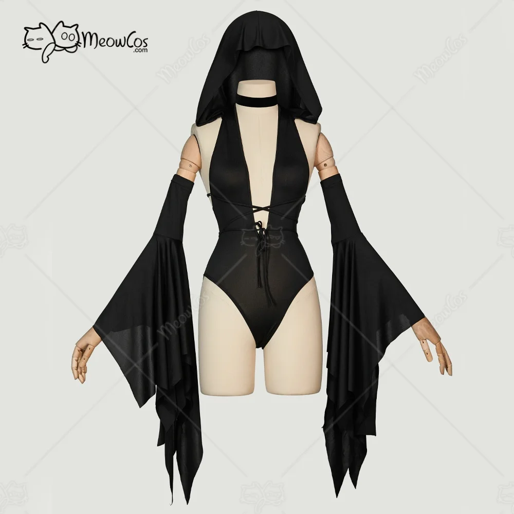 MEOWCOS Women's Bodysuit Gothic Hoodied Onesie Halloween Cosplay Costume with Bell Sleeves - Image 4