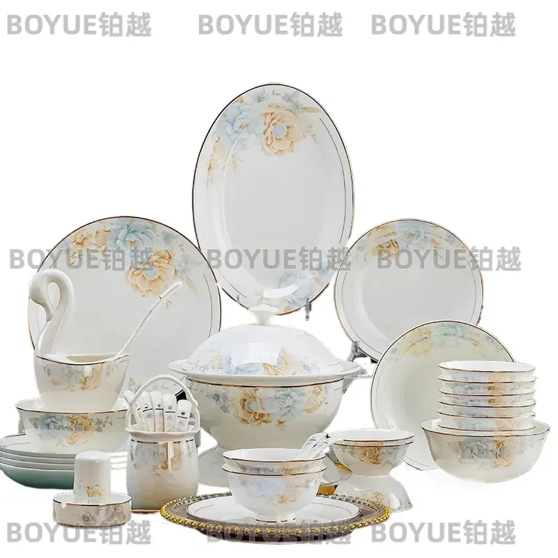 Jingdezhen Bone China Dinnerware Set Simple Light Luxury Ceramic Plates Bowls Household Tableware Housewarming Gift