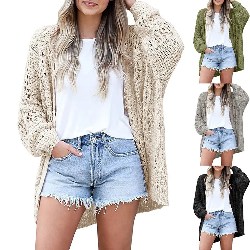 Women Sweater Jacket Lady Spring Autumn Style Girl Students Solid Color Cardigan Long Sleeve Hollow-Out Mohair Sweater Jacket