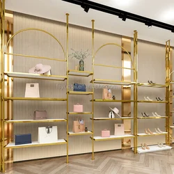 Custom  Garment Store Display Rack Shoes Handbag Display Shelf Furniture Clothes Stands Wall Mount Gold Clothing Rack for Boutiq