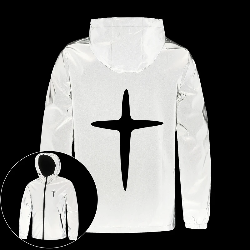 2026 New Men Night Reflective Jacket Cross Printed Outdoor Windproof Hooded Coats Riding Motorcycle Running Cycling Streetwear