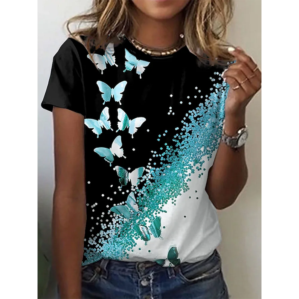 Ladies' Plus Size 3D Butterfly Printed Short Sleeved T-shirt, Loose and Casual, Soft, Comfortable and Breathable, Outdoor Sports