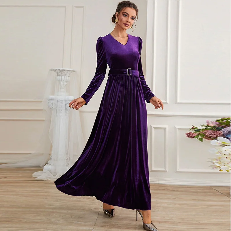 European and American Women's Celebrity Velvet Dress V-neck Bubble Sleeve Long Skirt Vestidos