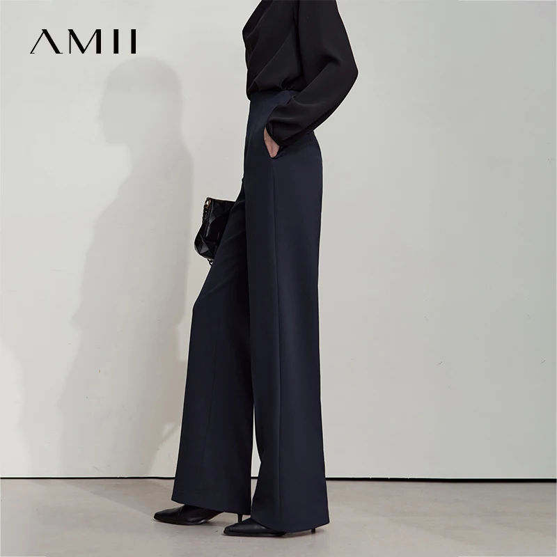 AMII 2025 automne nouveauté minimalisme bureau dame taille haute pantalon solide décontracté inelastique jambe droite pantalon 12523156