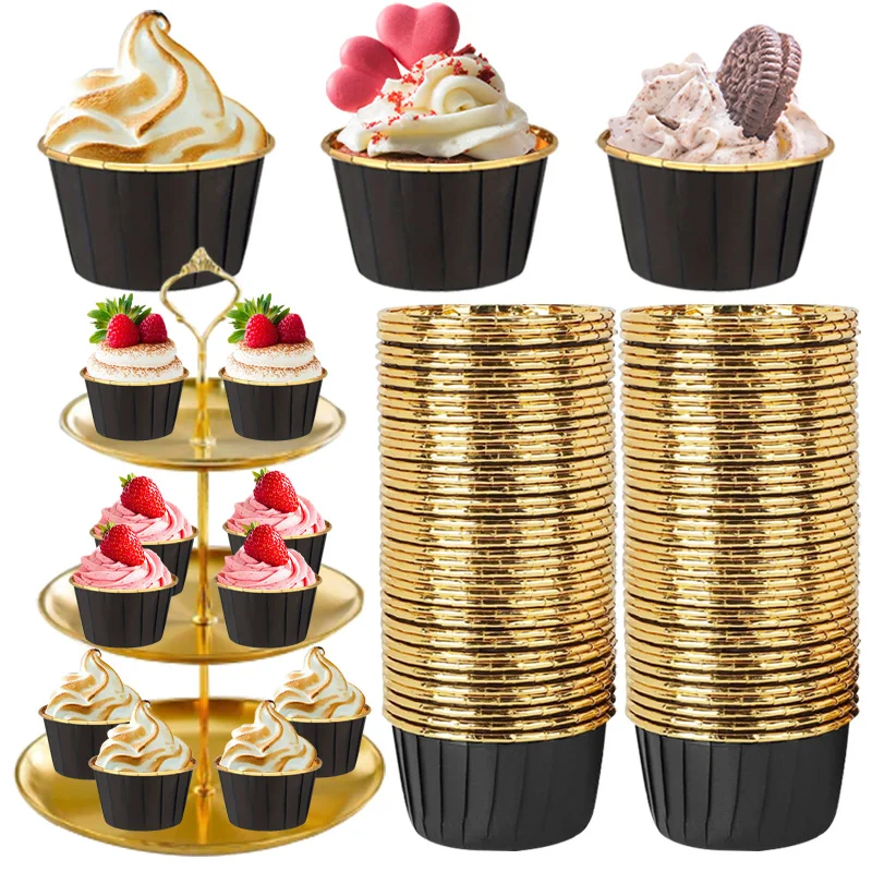 50 vasos de papel para pasteles de oro negro, tazas para hornear a prueba de aceite, vasos de papel para pasteles navideños navideños, adecuados para bodas y fiestas de cumpleaños