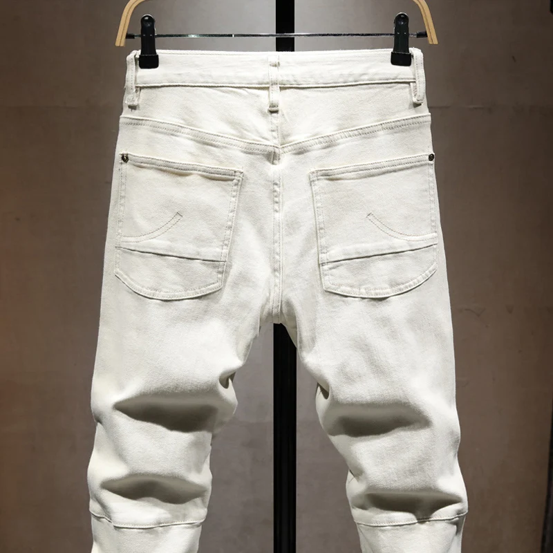 Street Fashion Designer Men Jeans Beige White Stretch Slim Fit Spliced Patched Denim Cargo Pants Hombre Hip Hop Biker Jeans Men