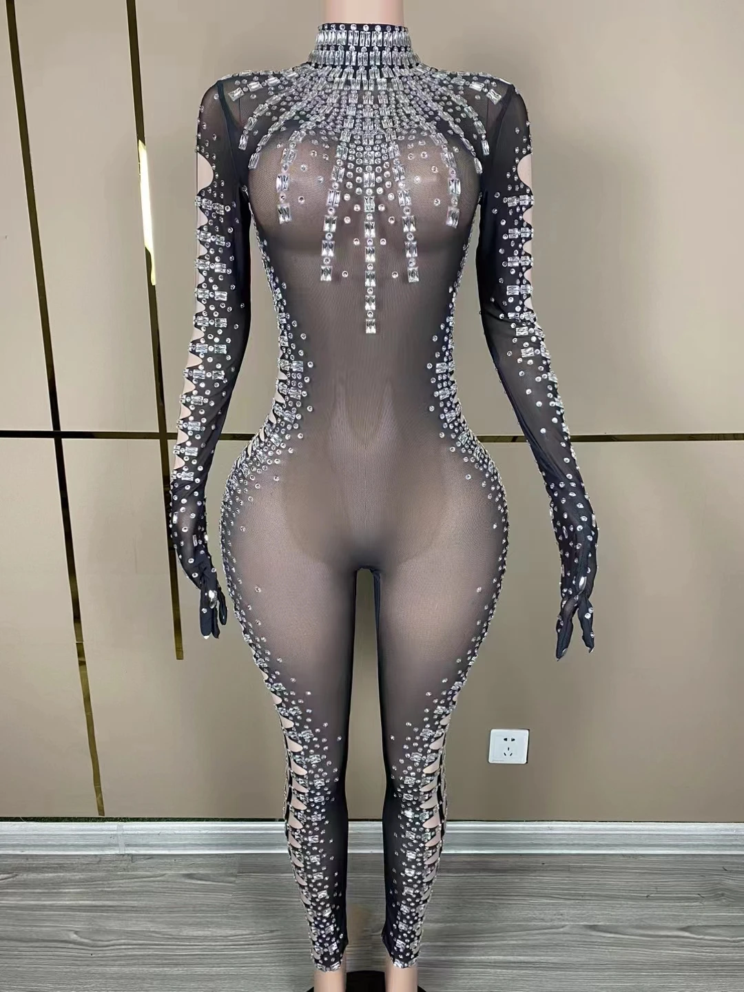 

New Designed Big Pearls Rhinestones Stretchransparentjumpsuit Evening BirthdayCelebrate Outfit Sexy Dancer Bodysuit D005